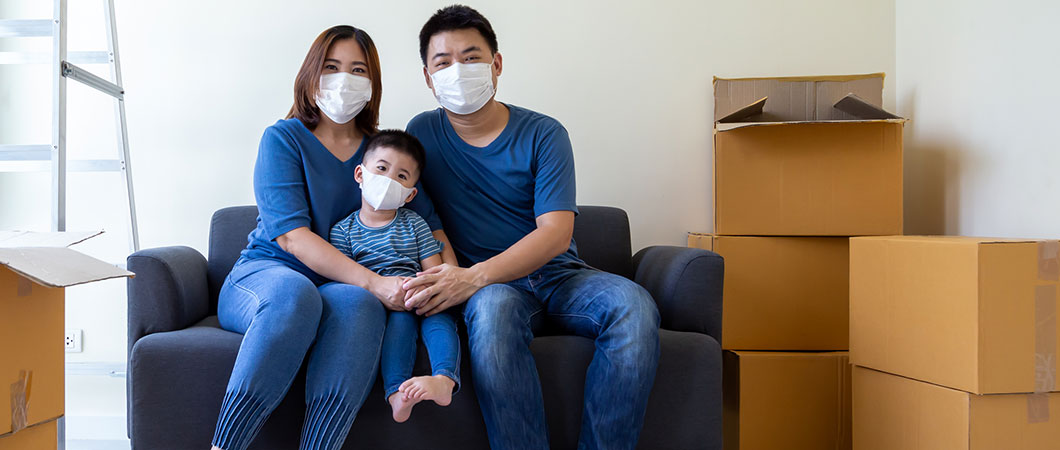 family with mask moving out