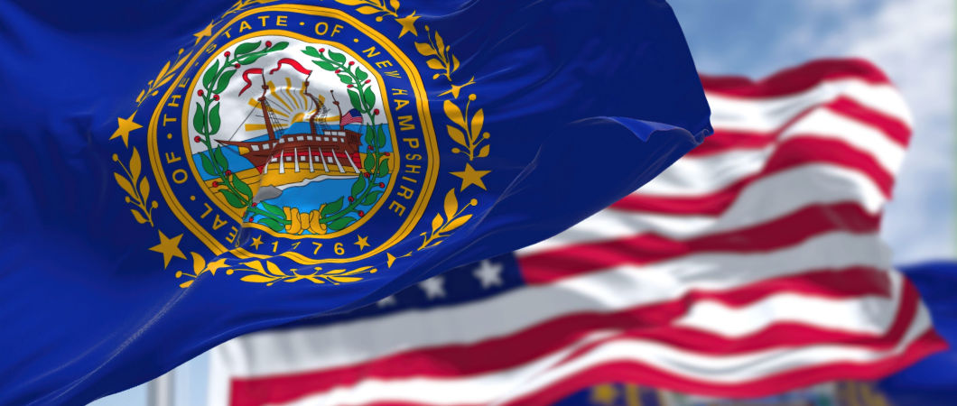 the new hampshire state flag waving along with usa flag