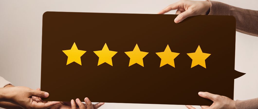 client giving five star rating review on a huge bubble